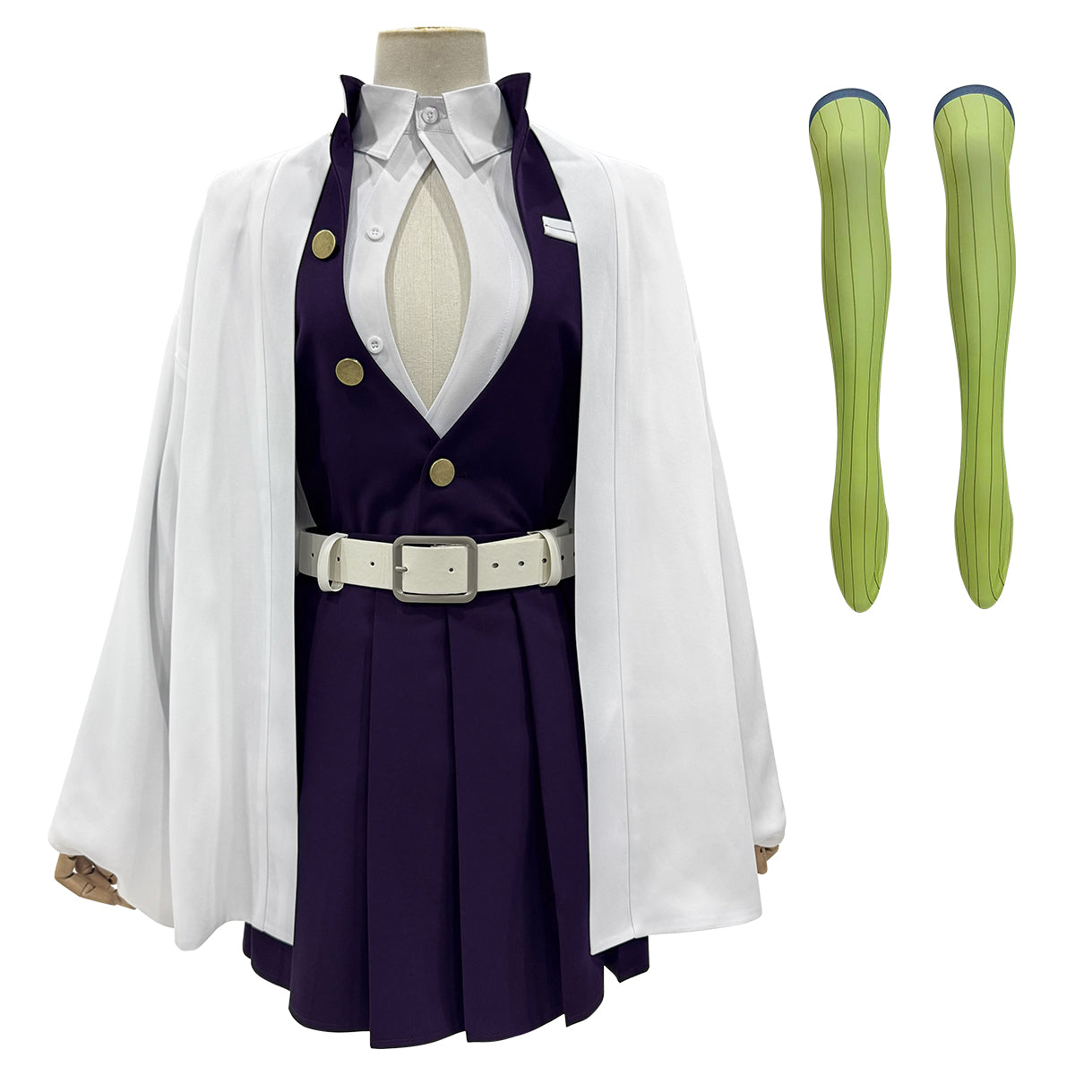 HOLOUN Anime Kanroji Mitsuri Cosplay Costume Braided Wig Purple Embroidery Top Skirt White Haori Belt Stockings Cos Halloween