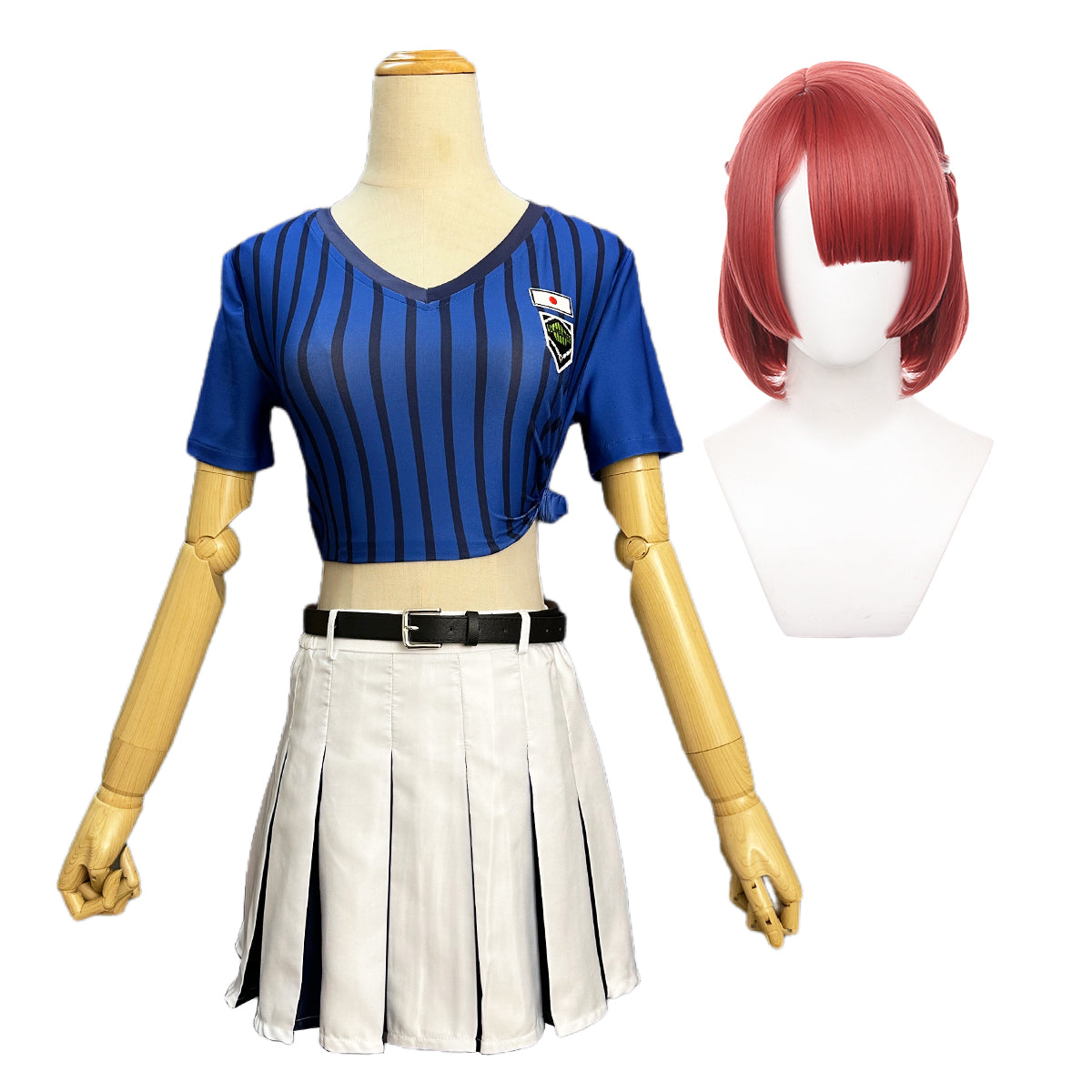 HOLOUN Blue Lock Anime Anri Teieri Cosplay Costume Wig Cheering Squad Skirt Uniform Stripe T-shirt Stockings Rose Net Synthetic
