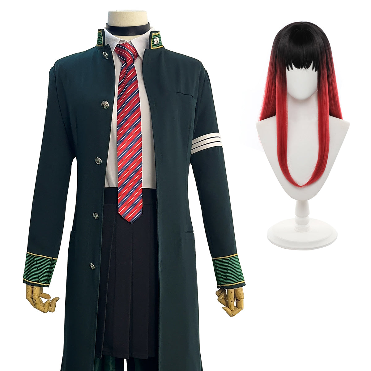 HOLOUN Wind Breaker Anime Tasuku Tsubakino Cosplay Costume Green Long Trench Coat Uniform Skirt White Shirt Choker Tie Bow-knot