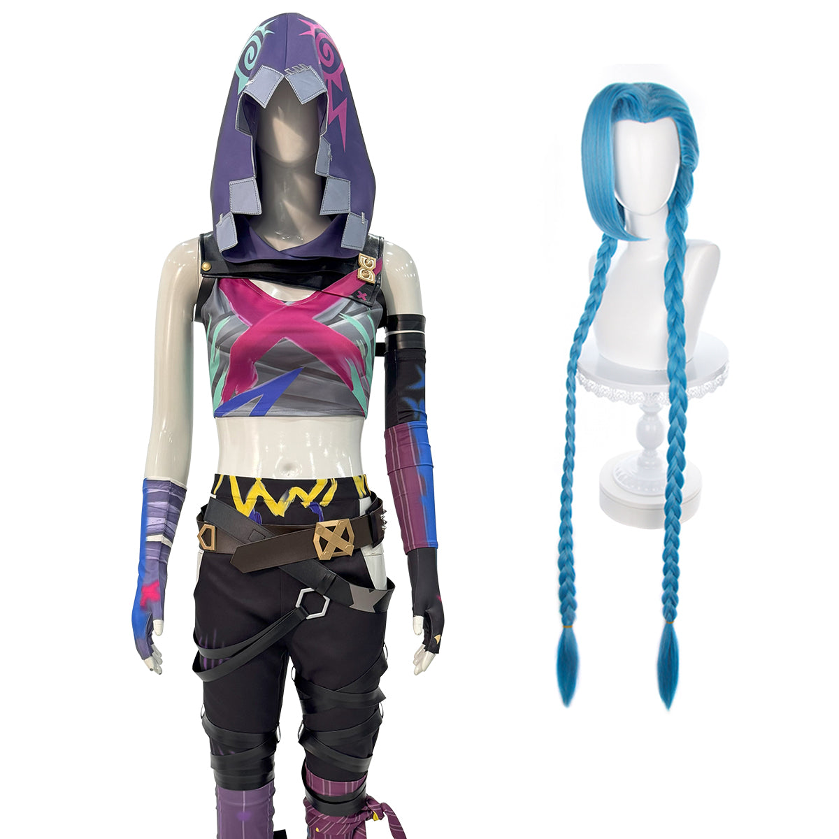 HOLOUN LOL Arcane Game Jinx Cosplay Costume Wig Scrawl Vest Pants Hat Qutfit Halloween Christmas Gift Cos Convention