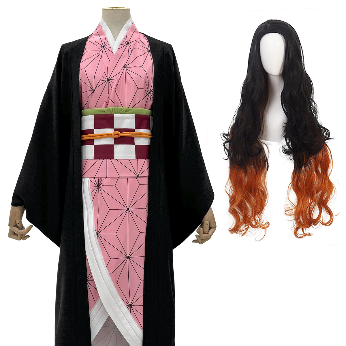 Pre-sale HOLOUN Anime Kamado Nezuko Cosplay Costume Wig Haori Kimono Halloween Christmas Animation Convention Adult Rose Net