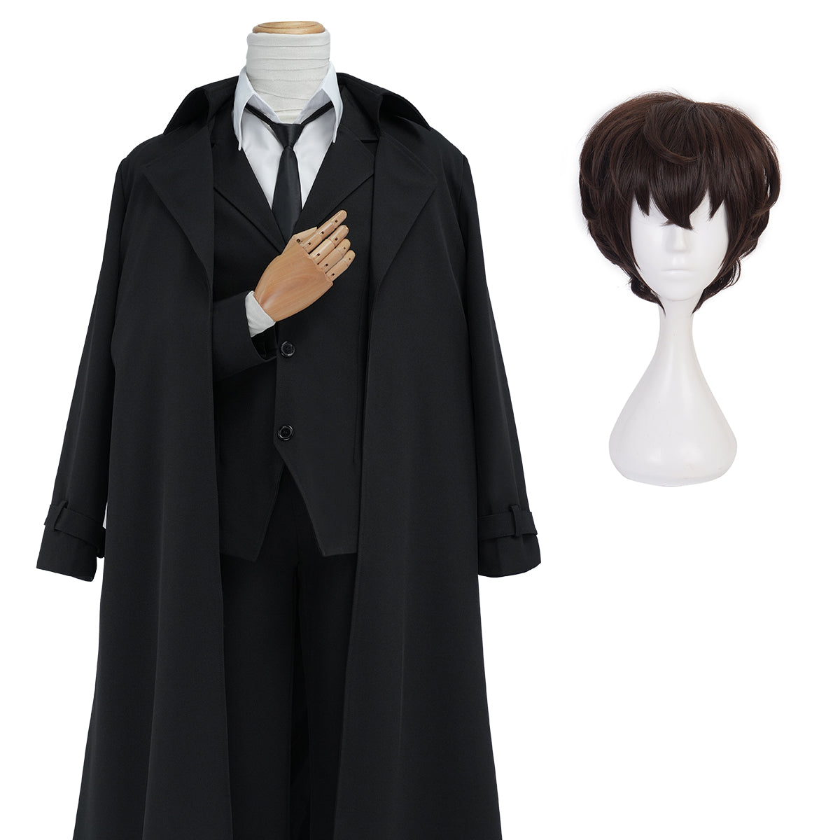 HOLOUN Bungo Anime Dazai Osamu Cosplay Costume Wig Black Lining Coat Elastic Pants Shirt Tie Daily Wearing Halloween Christmas