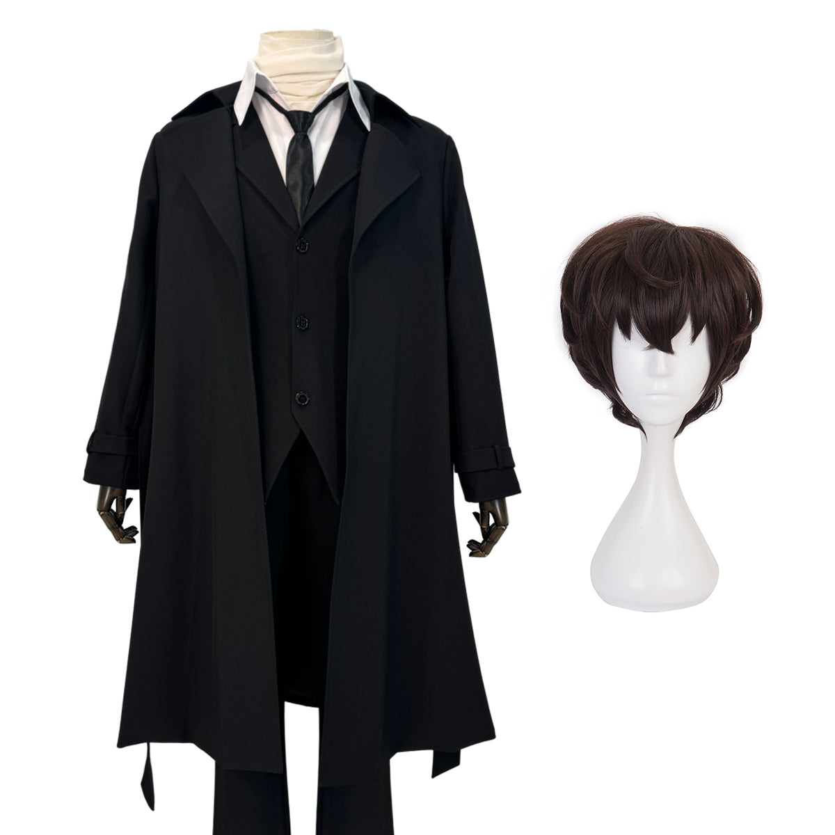 HOLOUN Bungo Anime Dazai Osamu Cosplay Costume Wig Black Lining Coat Elastic Pants Shirt Tie Daily Wearing Halloween Christmas