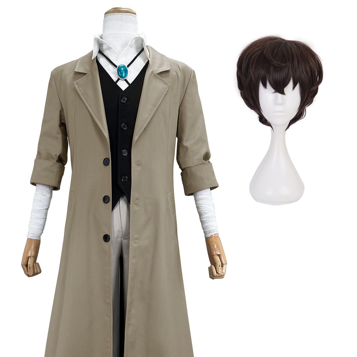 HOLOUN Bungo Anime Dazai Osamu Cosplay Costume Wig Oversized Lining Coat Elastic Pants Vest Shirt Pendant Daily Wearing Cos