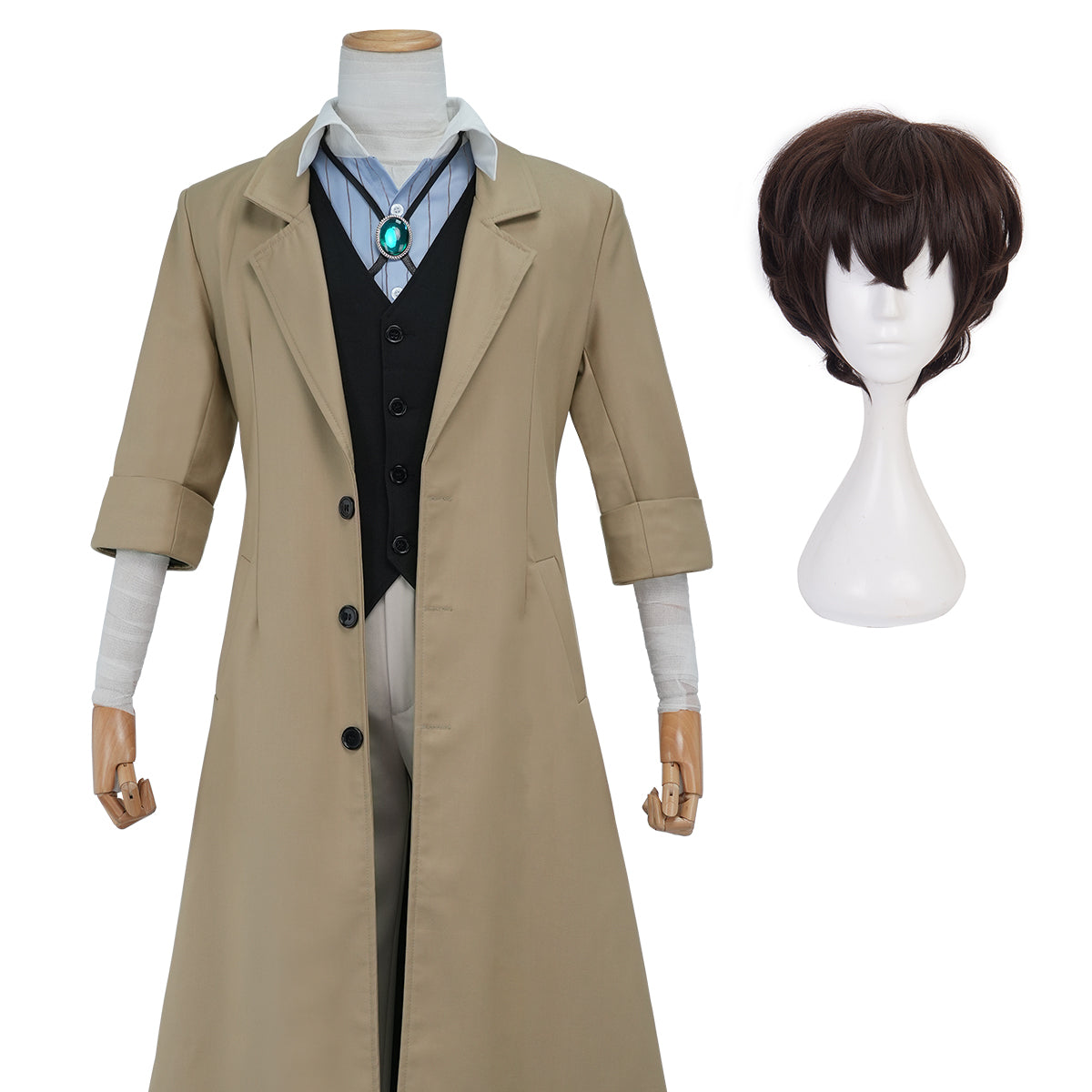 HOLOUN Bungo Anime Dazai Osamu Cosplay Costume Wig Oversized Lining Coat Elastic Pants Vest Shirt Pendant Latest Version