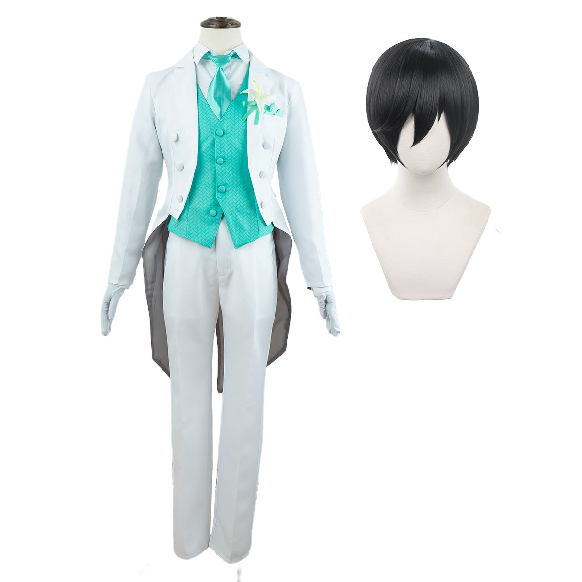 HOLOUN Blue Lock Anime Rin Itoshi Cosplay Costume Wig Exhibition Tuxedo Tailcoat Suit Uniform Corsage Rose Net Sythetic Fiber