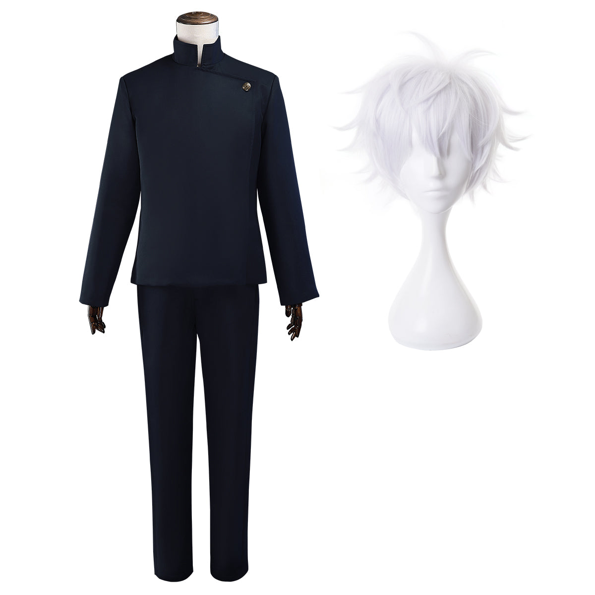 HOLOUN Jujutsu JJK Manga Anime Satoru Gojo Cosplay Costume Wig Dark Blue Jacket Pants Uniform Rose Net Halloween