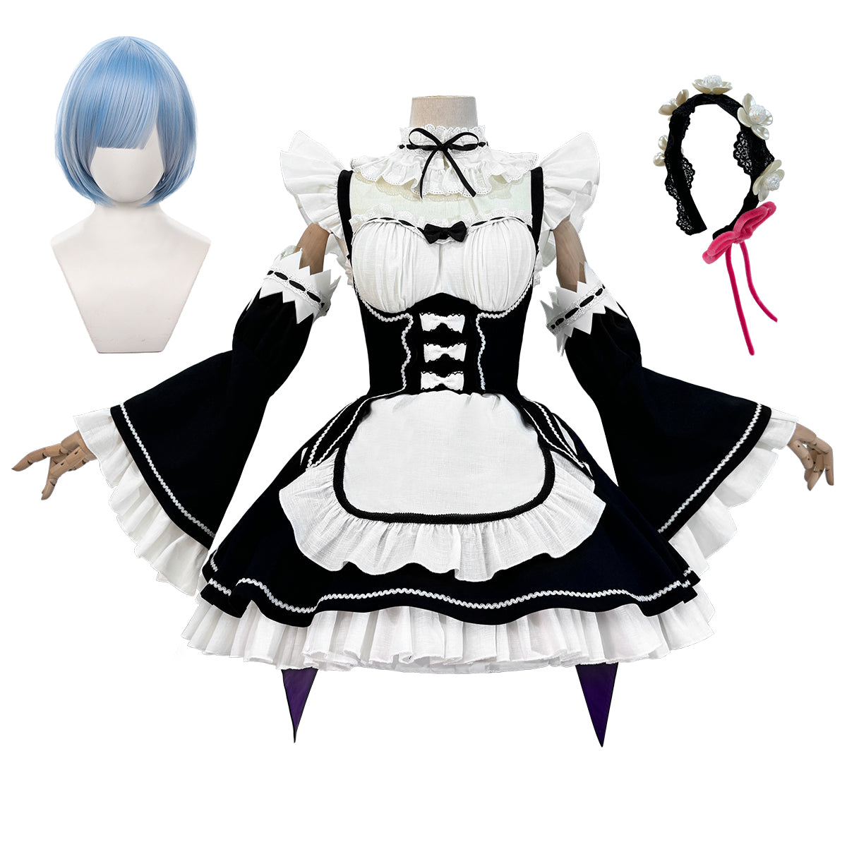 HOLOUN Re:Life In A Different World From Zero Anime Rem Cosplay Costume Wig Lolita Maid Dress Black White Halloween Christmas