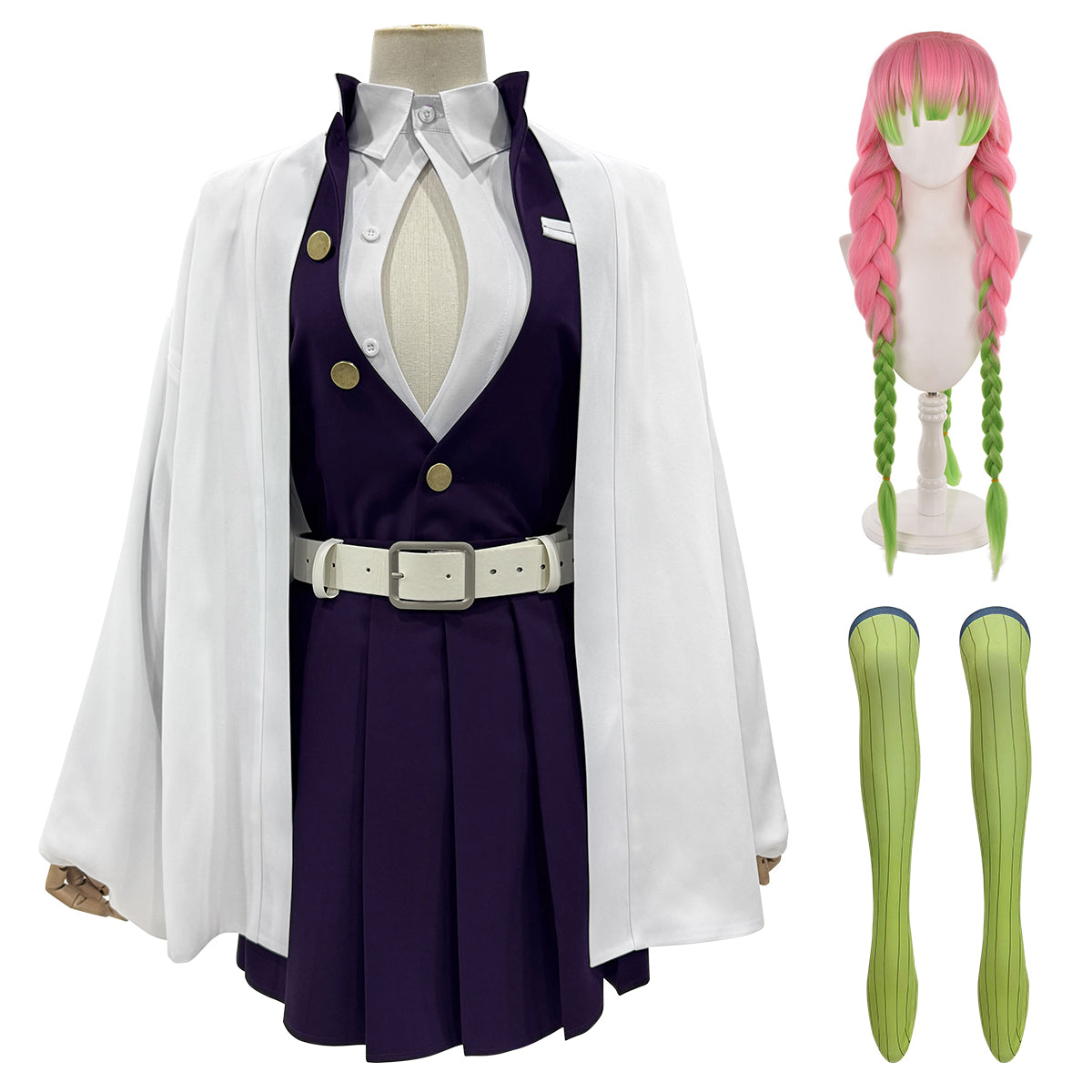 HOLOUN Anime Kanroji Mitsuri Cosplay Costume Braided Wig Purple Embroidery Top Skirt White Haori Belt Stockings Cos Halloween