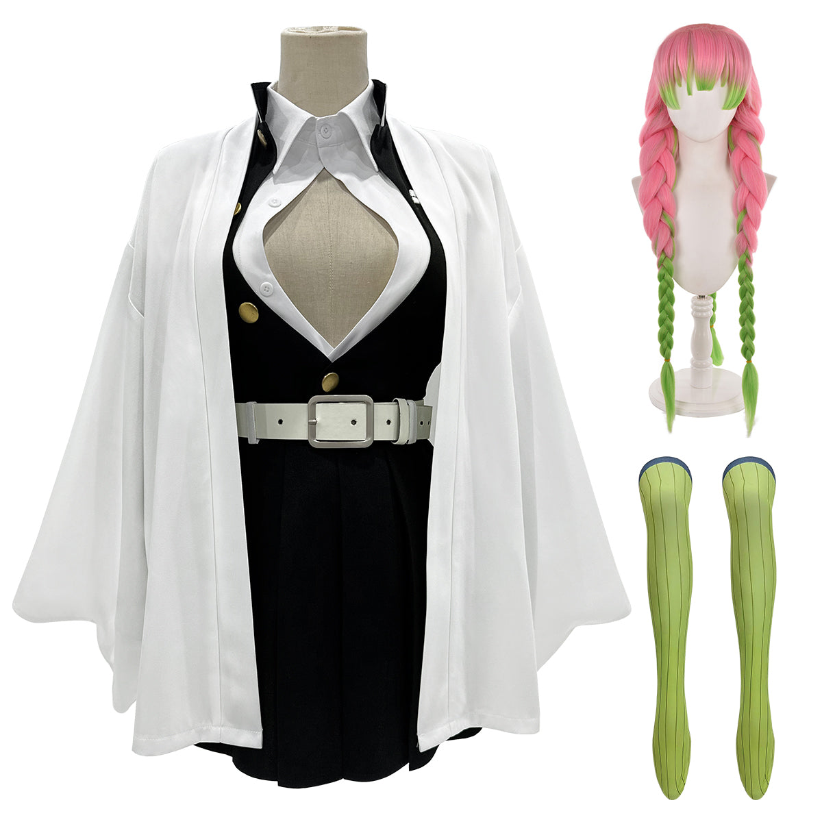 HOLOUN Anime Kanroji Mitsuri Cosplay Costume Braided Wig Embroidery Top Skirt White Haori Belt Stockings Cos Halloween