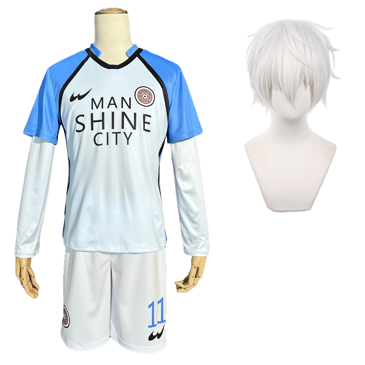HOLOUN Blue Lock Anime No.11 Nagi Cosplay Costume Wig Man Shine City Jersey White Blue T-shirt Shorts Socks Top Football Soccer Uniform