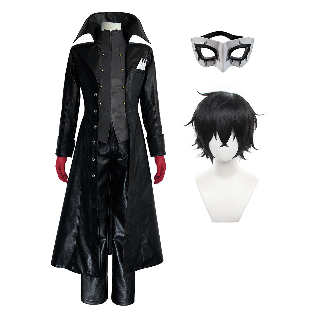 HOLOUN P5 Game Ren Amamiya Cosplay Costume Wig Mask Joker Faux Leather Coat Pants Vest Gloves Daily Wear Cos Convention Outfit Rose Net