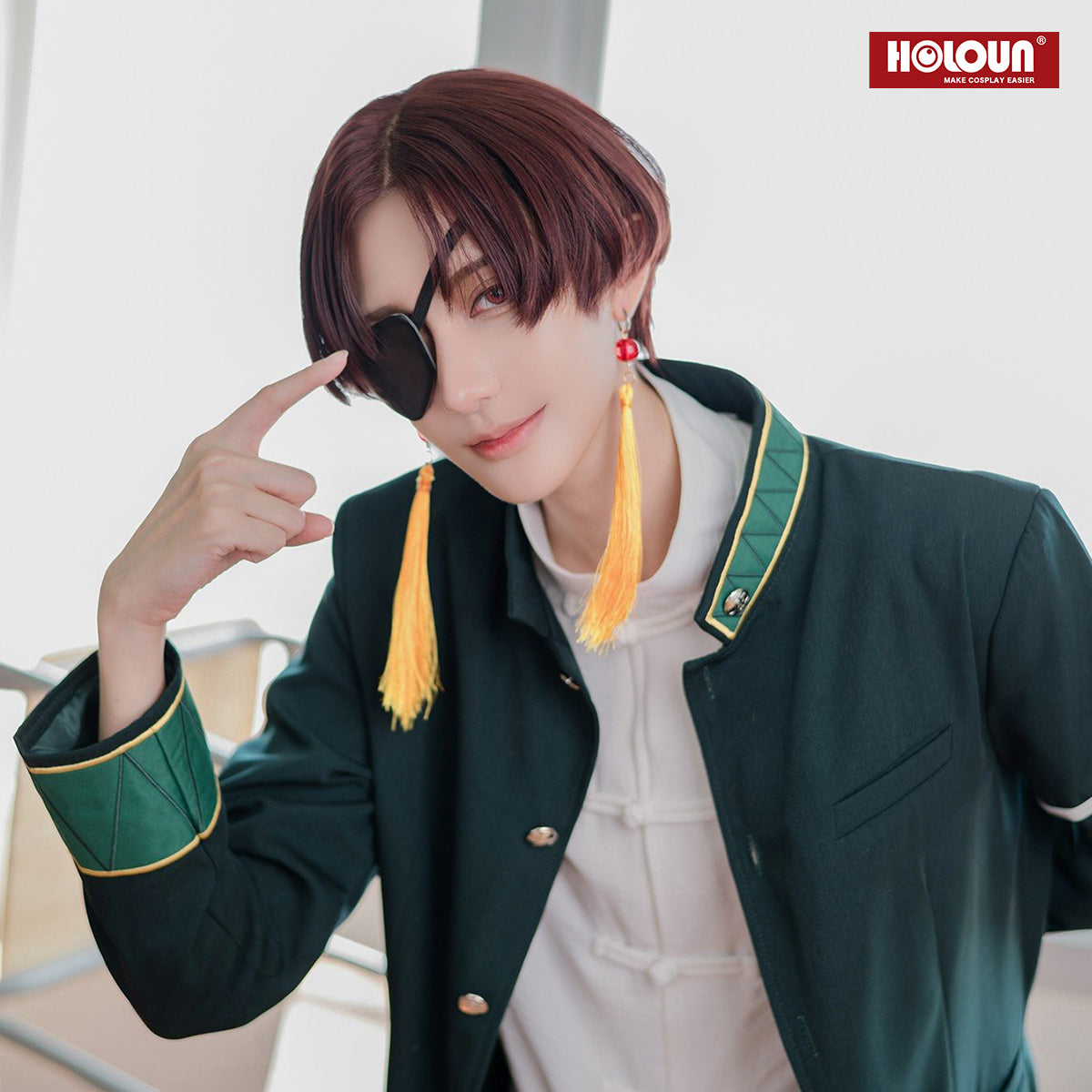 HOLOUN Wind Breaker Anime Hayato Suo Cosplay Costume Wig Uniform Green Jacket Black Pants White Kung Fu Shirt Earings Eyepatch