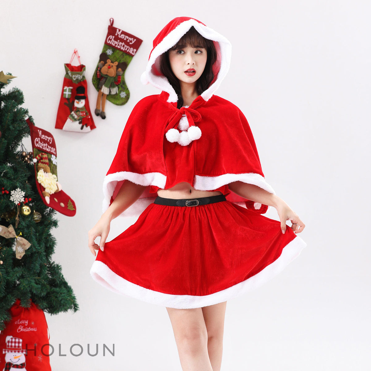 HOLOUN Christmas Red Velvet Cape Cloak Women Girl Xmas 43-47CM Shawl Hoodie 32-42CM Skirt Santa Claus Winter Party Costume