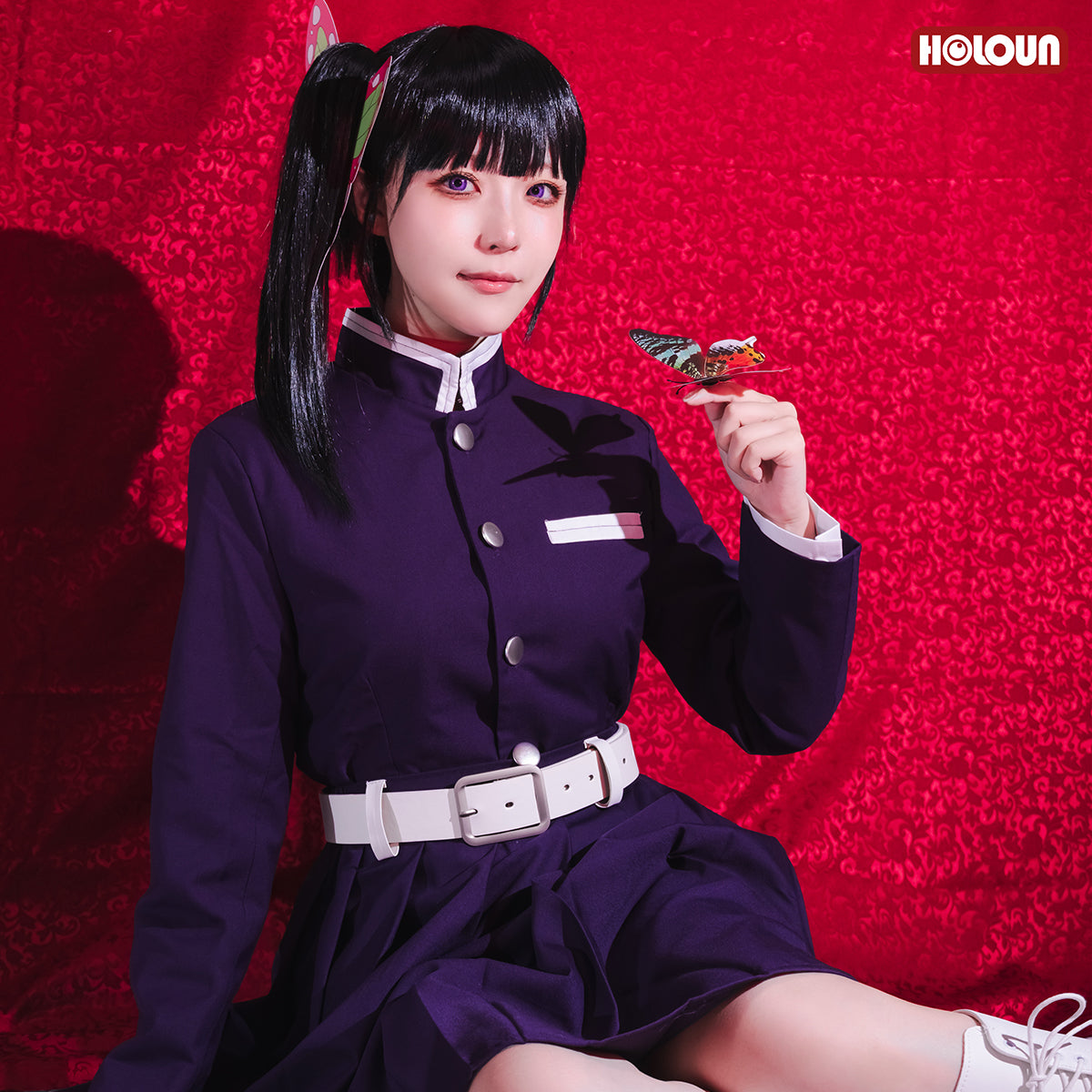 HOLOUN Demon Anime Tsuyuri Kanawo Cosplay Costume Wig Embroidery Purple Top Skirt White Cloak Belt Cos Halloween Christmas Gift