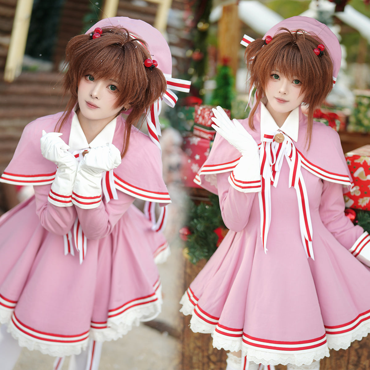 HOLOUN Sakura Anime Kinomoto Sakura Cosplay Costume Clear Card Version Pink Dress shawl Hat Gloves Bowtie Daily Wear
