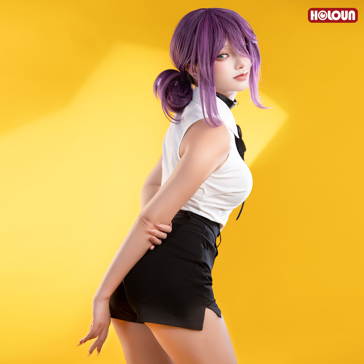 HOLOUN Chainsaw Anime Reze Cosplay Costume Wig White Shirt Black Shorts Choker Tie Halloween Christmas Convention Rose Net