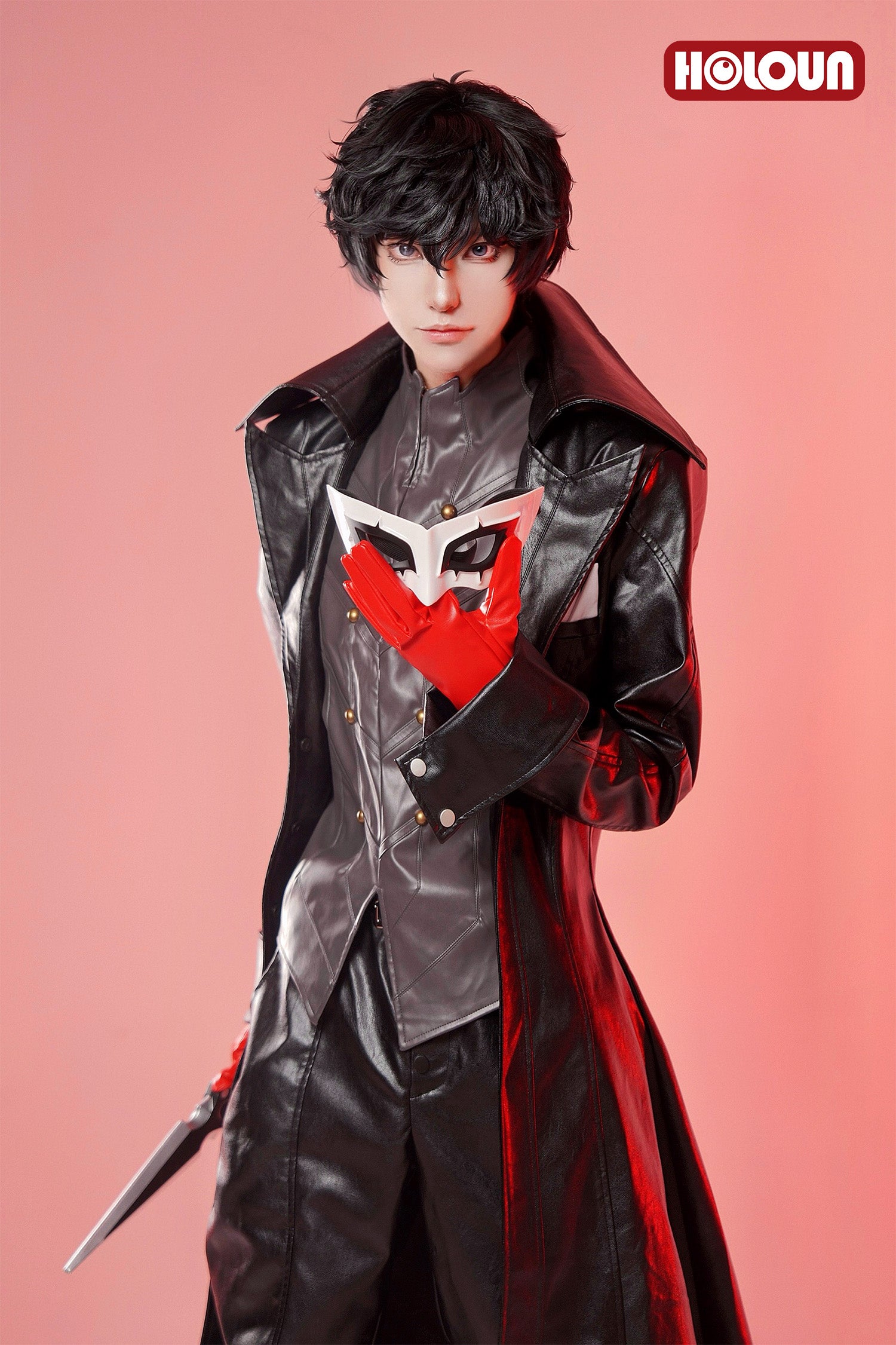 HOLOUN P5 Game Ren Amamiya Cosplay Costume Wig Mask Joker Faux Leather Coat Pants Vest Gloves Daily Wear Cos Convention Outfit Rose Net