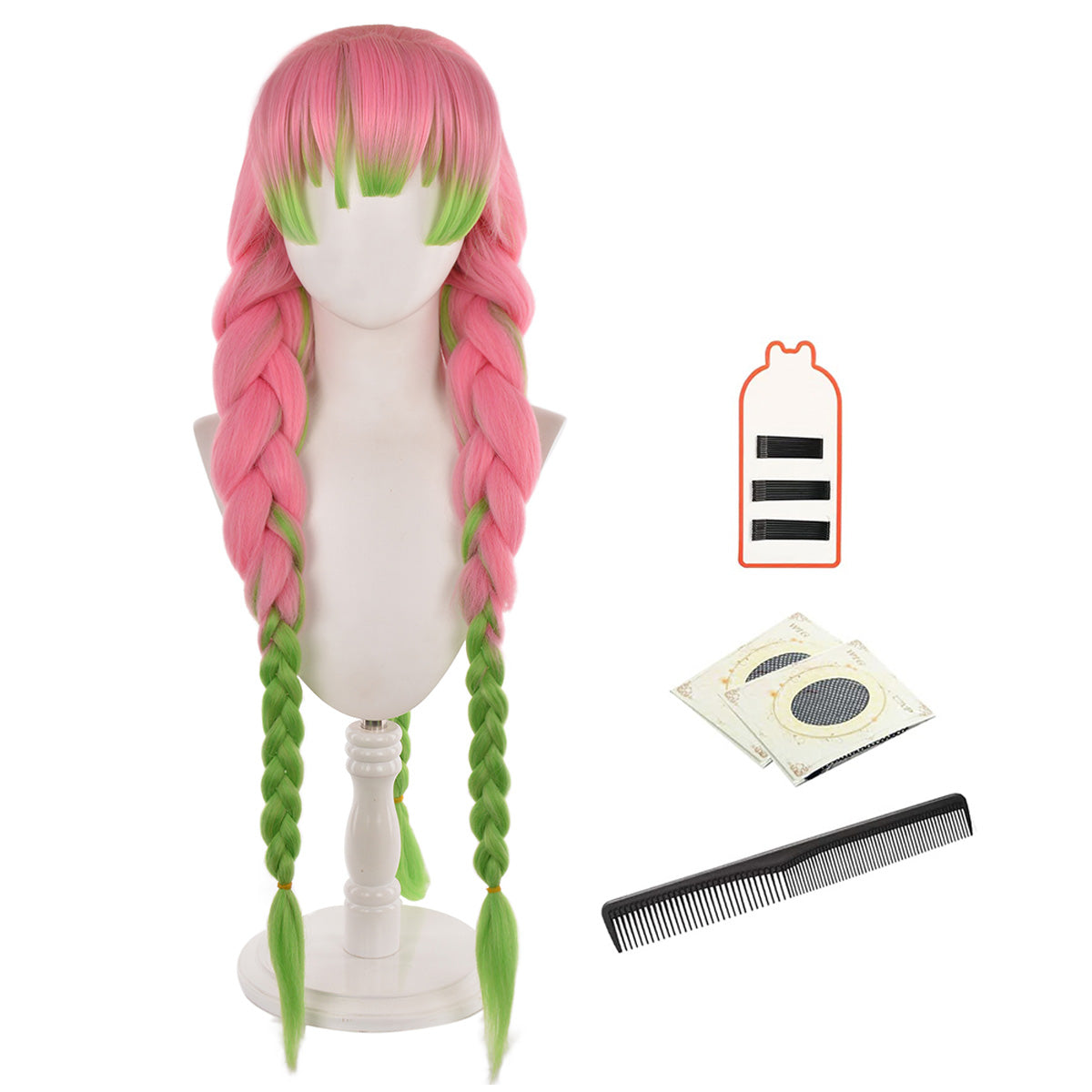 HOLOUN Anime Kanroji Mitsuri Cosplay Wig Rose Net Synthetic Fiber Adjustable Size Heat Resistant Cap Comb Halloween Cos