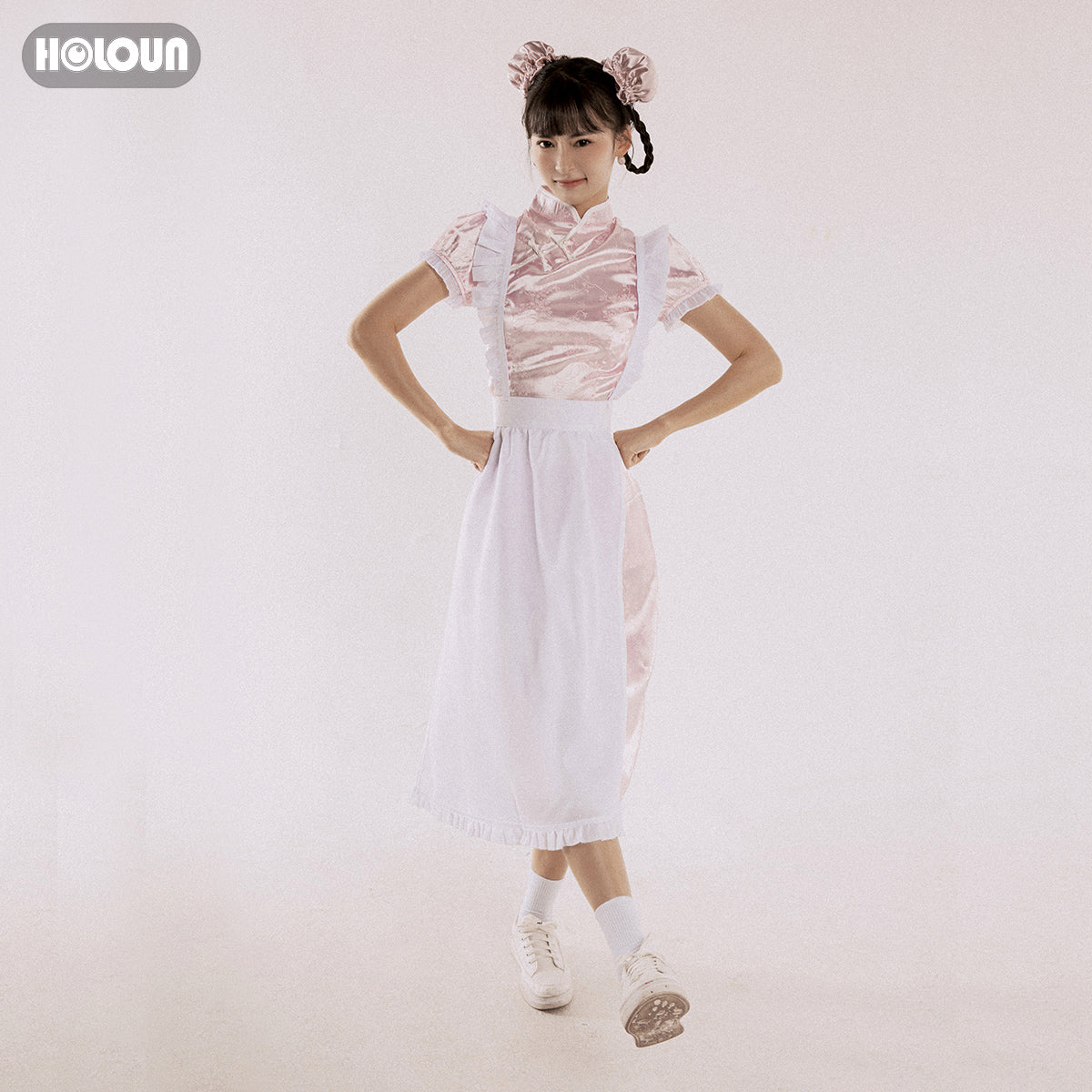 HOLOUN Lolita Maid Dress Skirt China Costume Cute Cheongsam Cafe Uniform Apron Pink Color Short Sleeve Daily Wear Gift