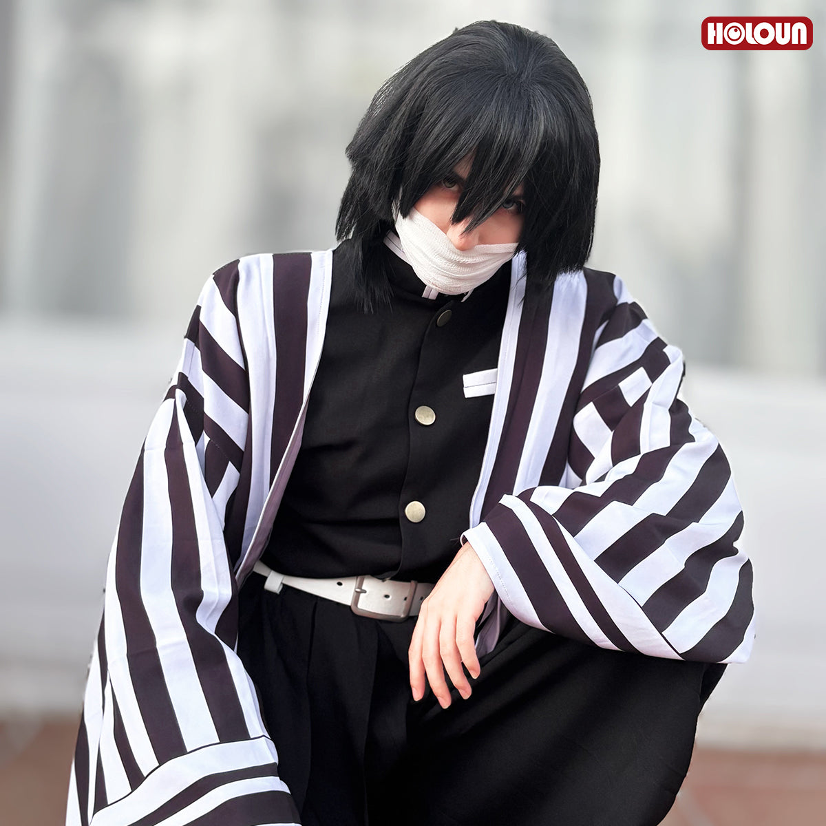 HOLOUN Anime Iguro Obanai Cosplay Costume Wig Haori Embroidery Top Elastic Pants Belt Rose Net Cos Halloween Christmas Gift