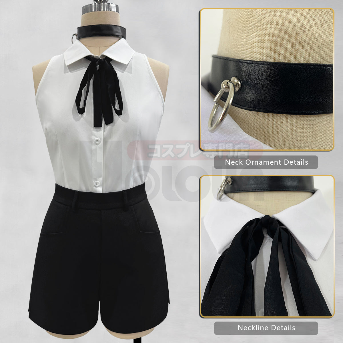 Pre-sale HOLOUN Chainsaw Anime Reze Cosplay Costume Wig White Shirt Black Shorts Choker Tie Halloween Christmas Convention Rose Net