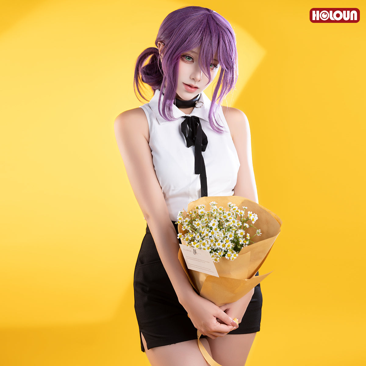 HOLOUN Chainsaw Anime Reze Cosplay Costume Wig White Shirt Black Shorts Choker Tie Halloween Christmas Convention Rose Net