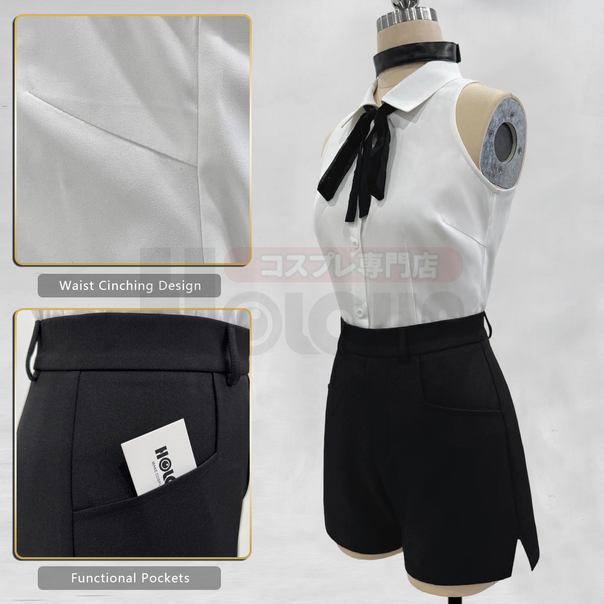 Pre-sale HOLOUN Chainsaw Anime Reze Cosplay Costume Wig White Shirt Black Shorts Choker Tie Halloween Christmas Convention Rose Net