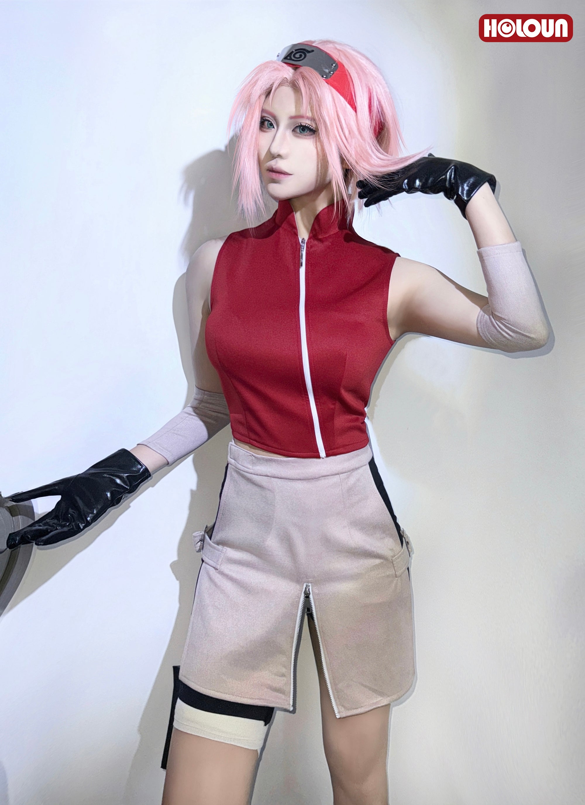 HOLOUN Anime Haruno Sakura Cosplay Costume Wig Top Skirt Shorts Pouch Halloween Thanksgiving Day Christmas Gift