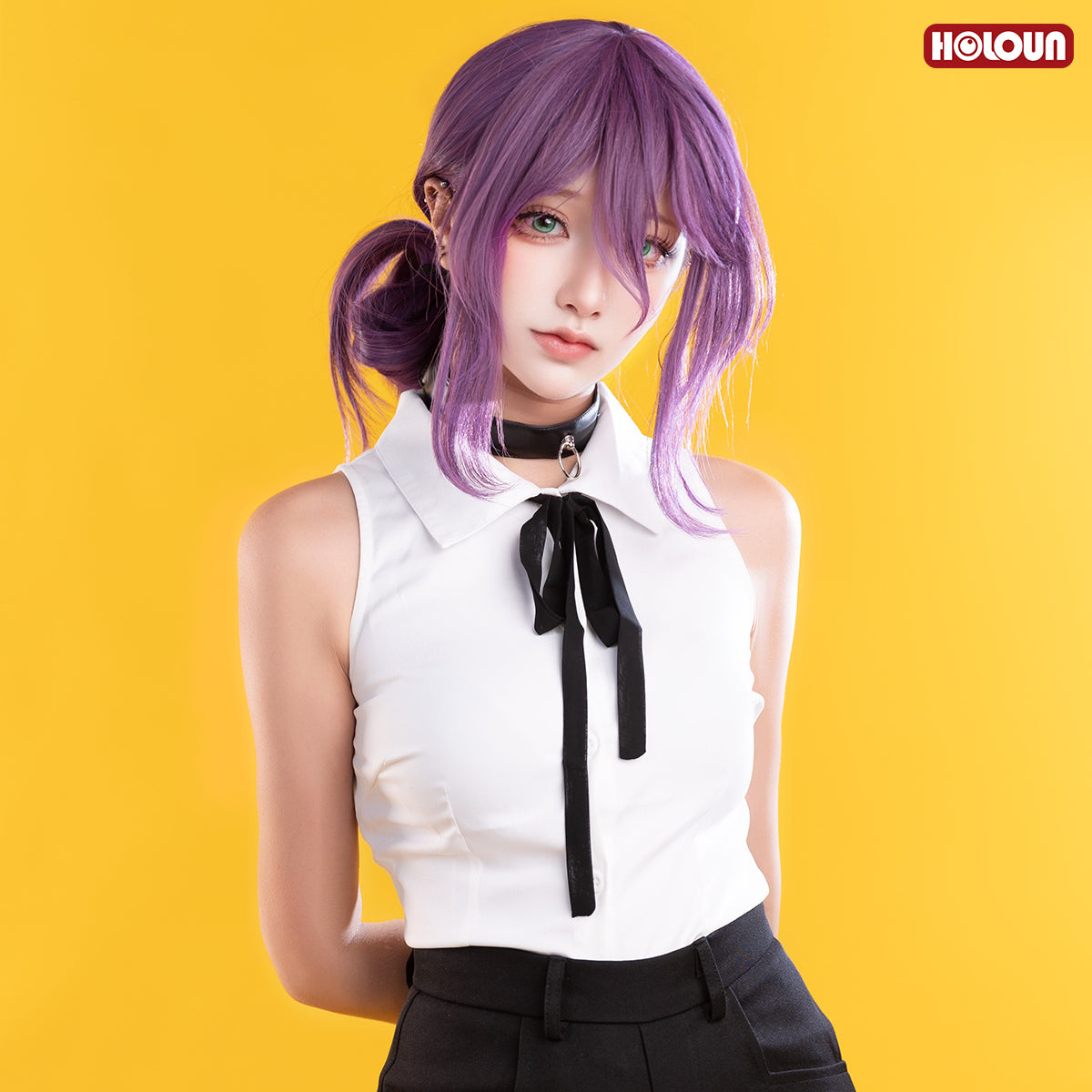HOLOUN Chainsaw Anime Reze Cosplay Costume Wig White Shirt Black Shorts Choker Tie Halloween Christmas Convention Rose Net