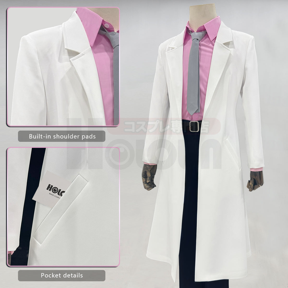 Pre-sale HOLOUN Gintama Anime Sakata Ginpa Cosplay Costume White Coat Pink Shirt Pants Tie Belt Halloween Christmas Animation Convention