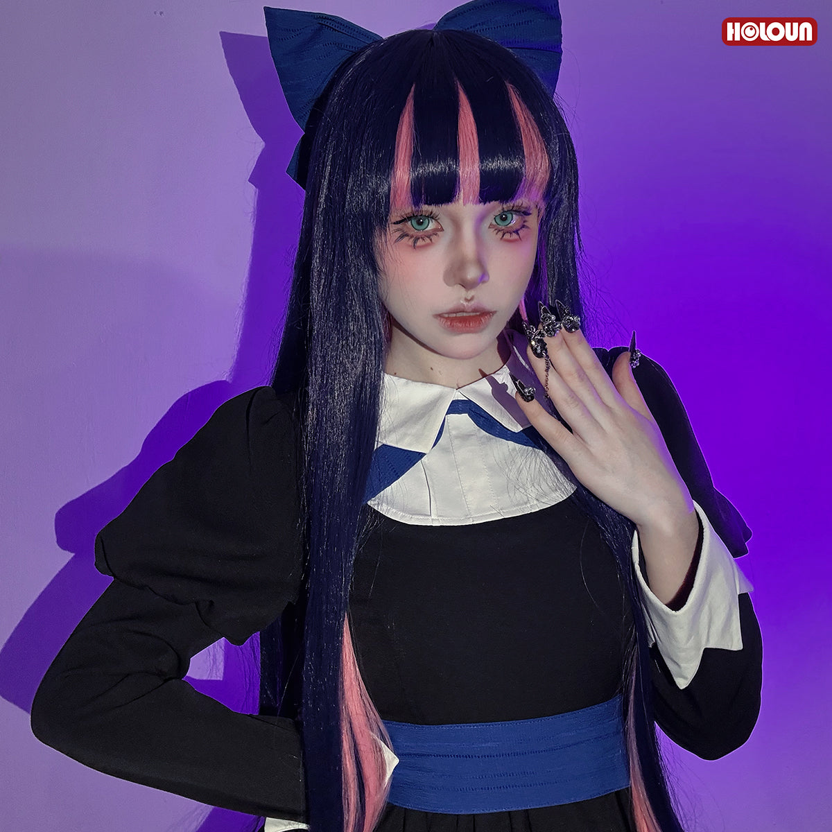 HOLOUN Panty & Stocking with Garterbelt Anime Stocking Anarchy Cosplay Costume Dress Stockings Bowknot Headdress Cos Convention