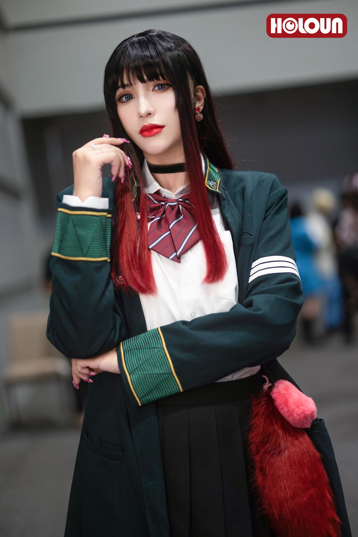 HOLOUN Wind Breaker Anime Tasuku Tsubakino Cosplay Costume Green Long Trench Coat Uniform Skirt White Shirt Choker Tie Bow-knot