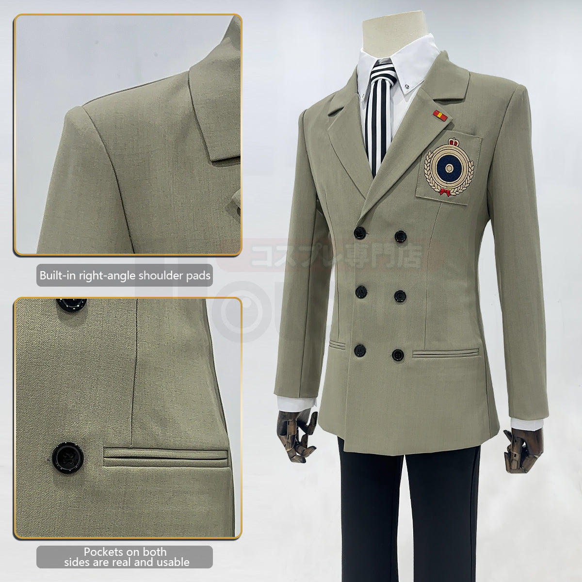 HOLOUN P5 Game Akechi Goro Cosplay Costume Wig Detective Uniform Embroidery Suit Shirt Pants Tie Gloves Daily Wear Cos Halloween