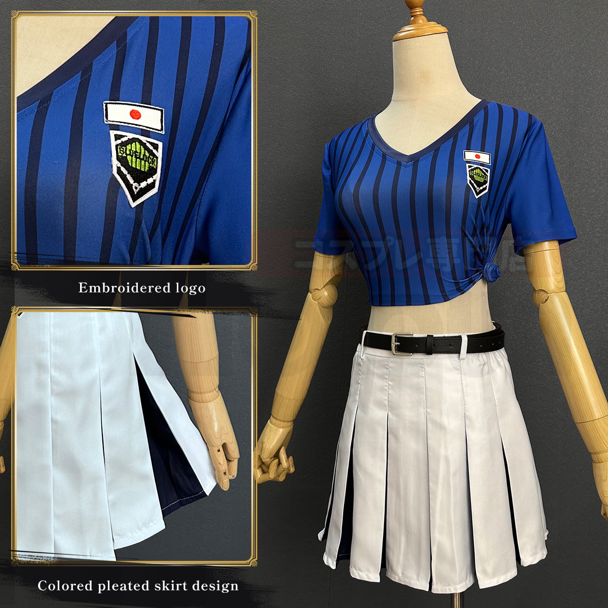 HOLOUN Blue Lock Anime Anri Teieri Cosplay Costume Wig Cheering Squad Skirt Uniform Stripe T-shirt Stockings Rose Net Synthetic