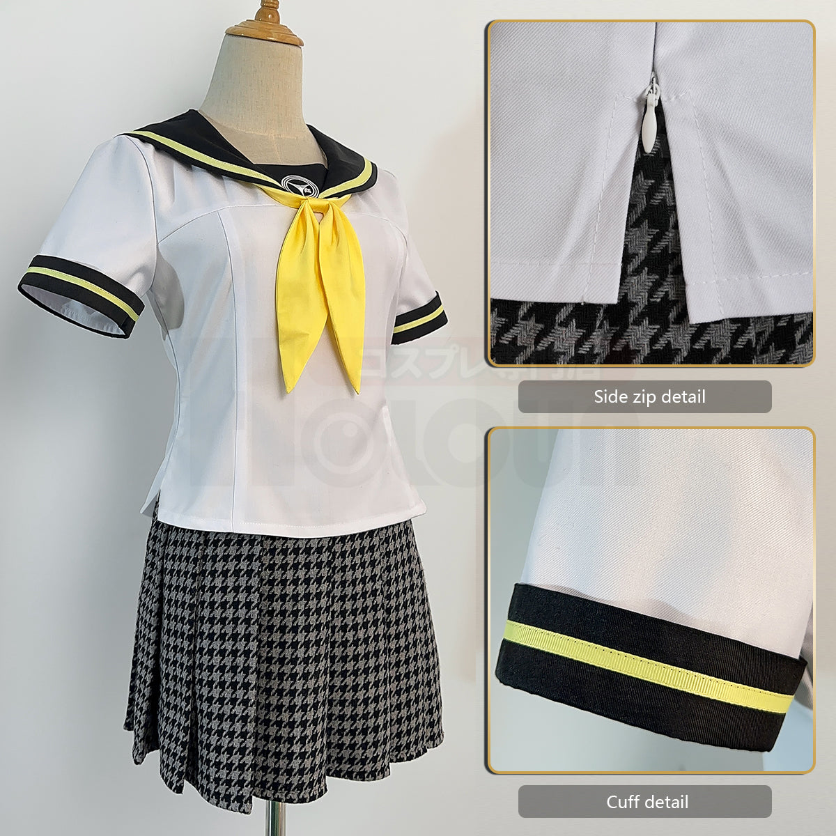 HOLOUN P4 Game Kujikawa Rise Cosplay Costume Embroidery School Badge Plaid Pattern Skirt Summer Version Sailor Top Bow-knot