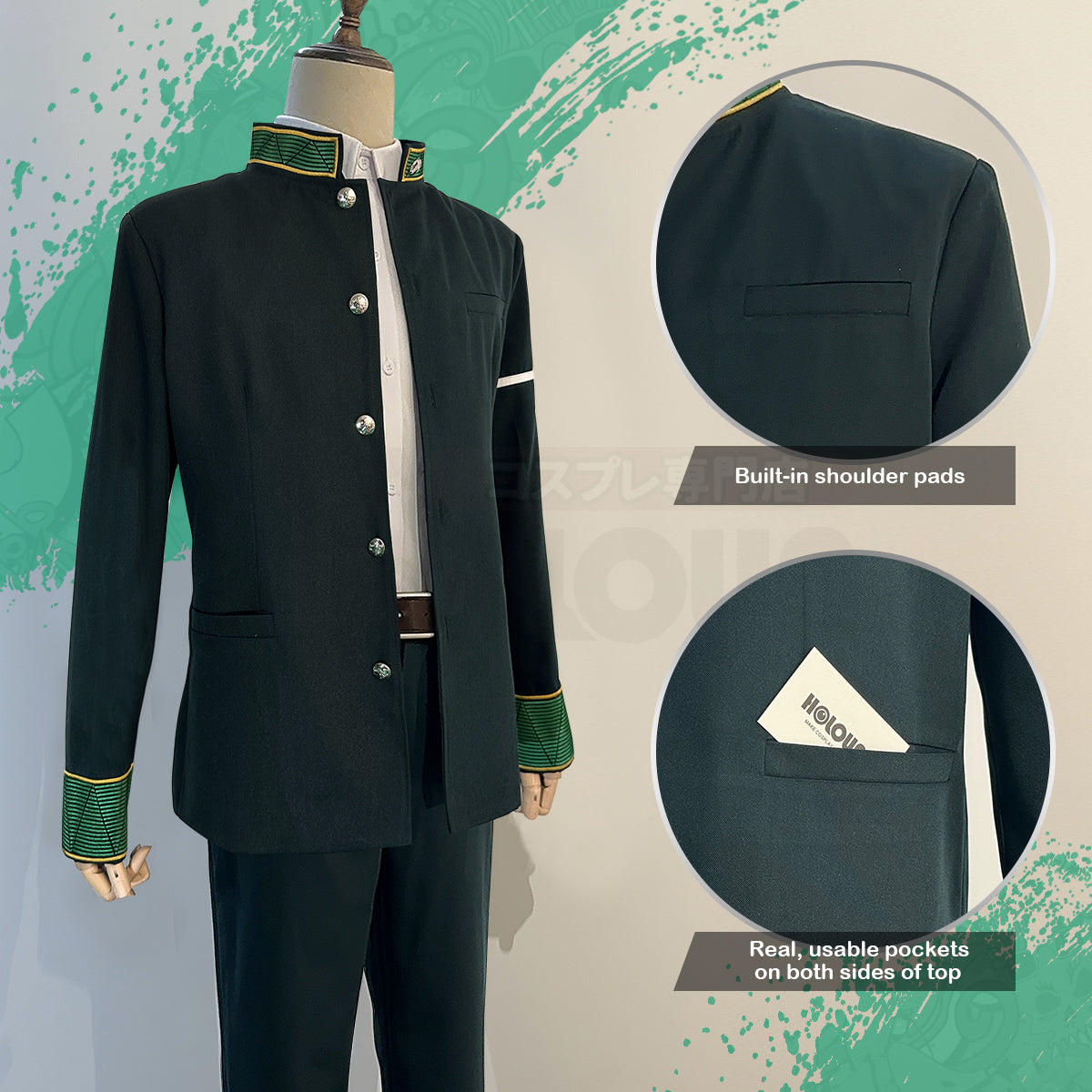 HOLOUN Wind Breaker Anime Akihiko Nirei Cosplay Costume Wig School Uniform Green Jacket Pants White Shirt Cos Convention