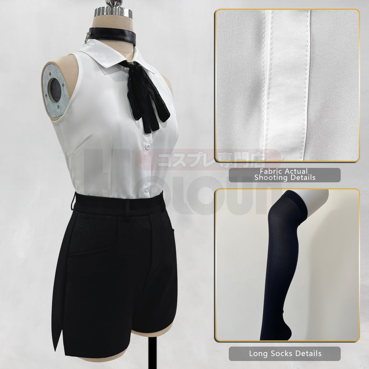 Pre-sale HOLOUN Chainsaw Anime Reze Cosplay Costume Wig White Shirt Black Shorts Choker Tie Halloween Christmas Convention Rose Net