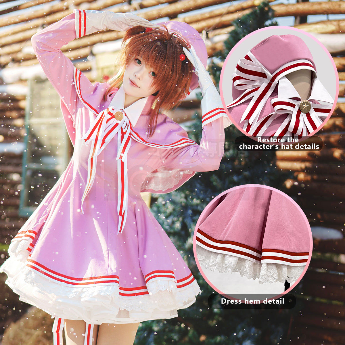 HOLOUN Sakura Anime Kinomoto Sakura Cosplay Costume Clear Card Version Pink Dress shawl Hat Gloves Bowtie Daily Wear