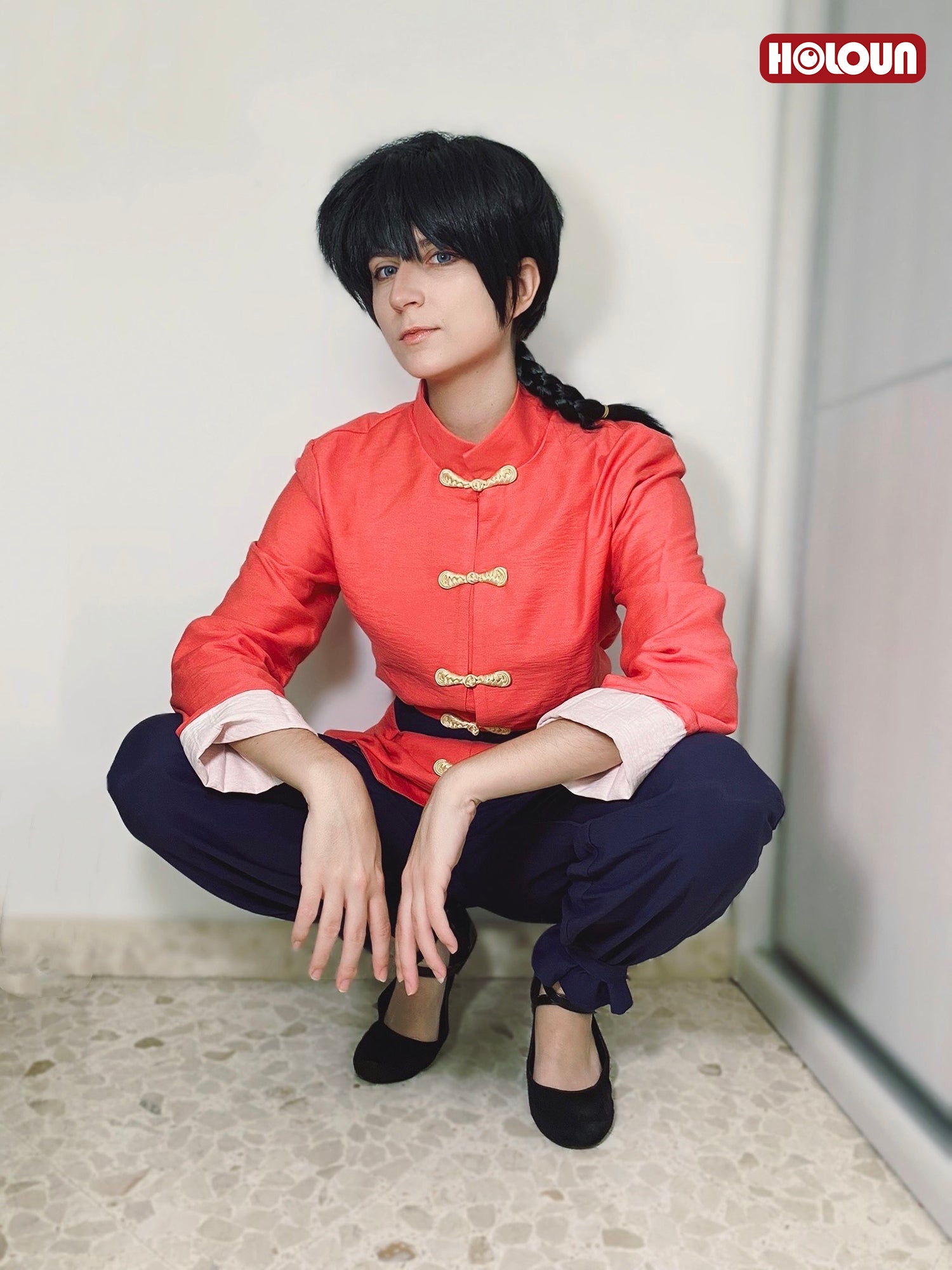 HOLOUN Ranma 1/2 Anime Ranma Saotome Cosplay Costume Wig Shirt Pants Belt Cos Convention Halloween Christmas Gift Rose Net