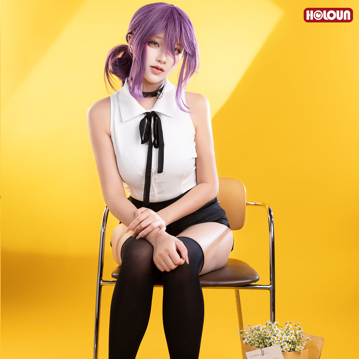 HOLOUN Chainsaw Anime Reze Cosplay Costume Wig White Shirt Black Shorts Choker Tie Halloween Christmas Convention Rose Net