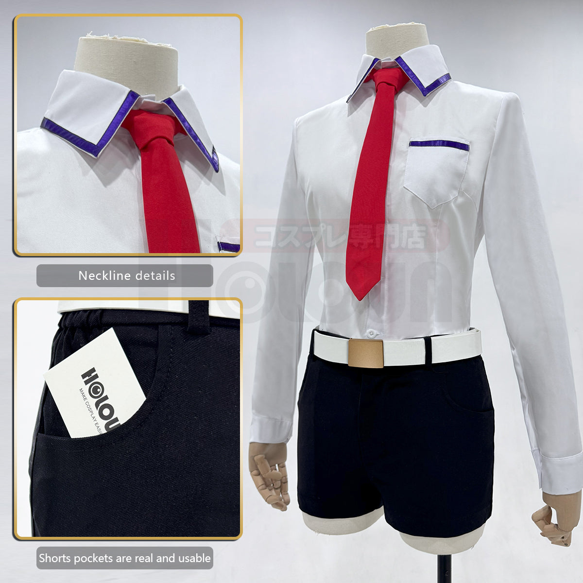 HOLOUN Steins Gate Anime Makise Kurisu Cosplay Costume Shirt Coat Shorts Tie Belt Arm Straps Daily Wear Cos Convention Gift