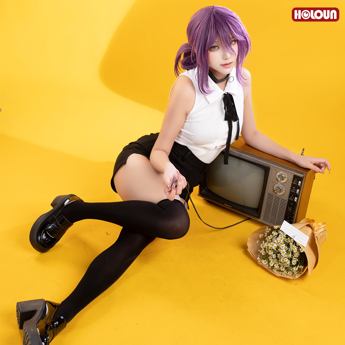 HOLOUN Chainsaw Anime Reze Cosplay Costume Wig White Shirt Black Shorts Choker Tie Halloween Christmas Convention Rose Net