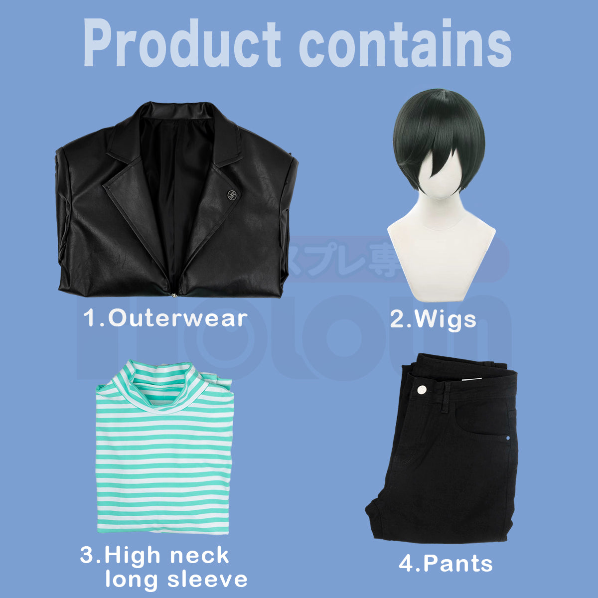HOLOUN Blue Lock Anime Rin Itoshi Cosplay Costume Wig Faux Leather Jacket Cotton Strip T-Shirt Daily Wear Rose Net Synthetic Fiber Adjustable Size