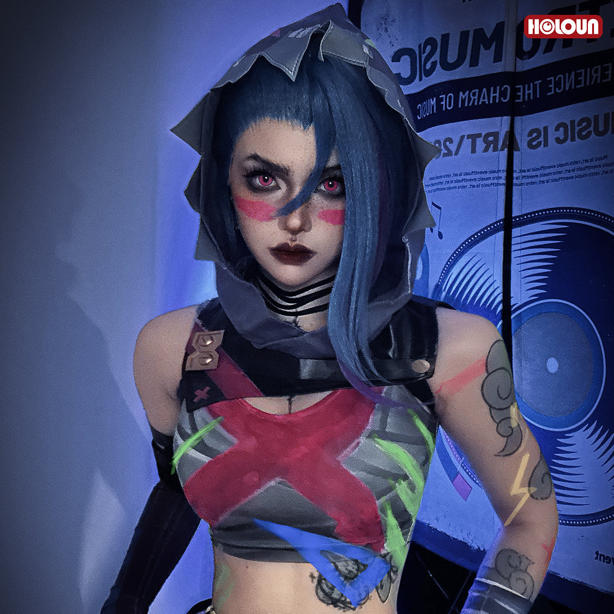 HOLOUN LOL Game Jinx Cosplay Costume Wig Scrawl Vest Pants Hat Qutfit Halloween Christmas Gift Cos Convention