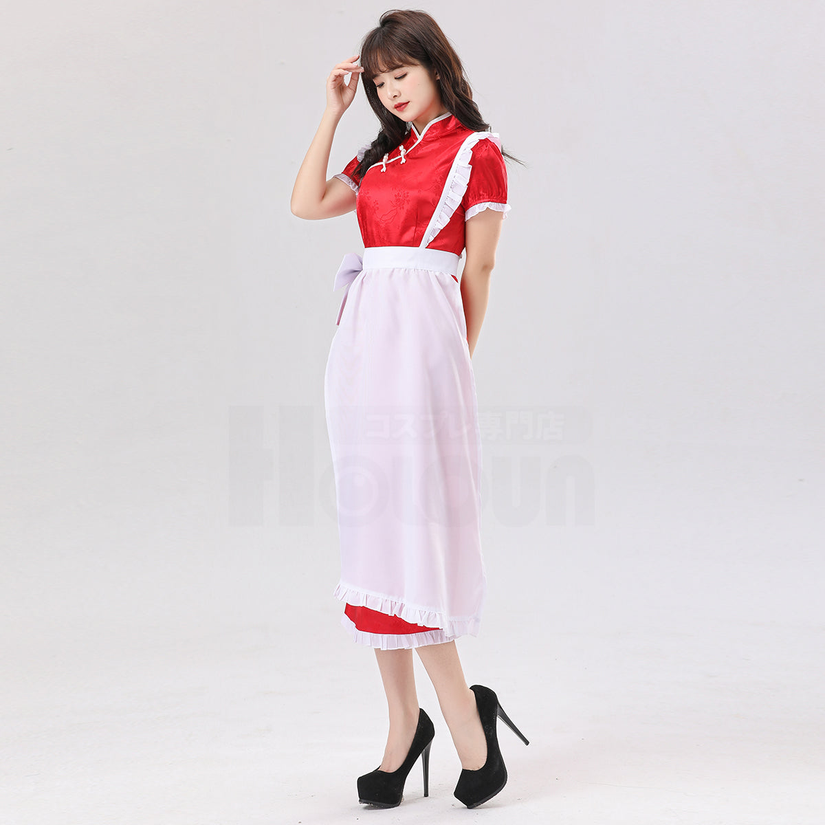 HOLOUN Lolita Maid Dress Skirt China Costume Cute Cheongsam Cafe Uniform Apron Red Color Short Sleeve Daily Wear Gift
