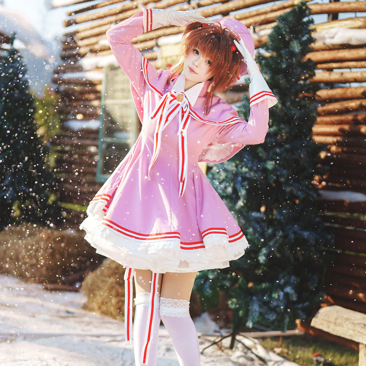 HOLOUN Sakura Anime Kinomoto Sakura Cosplay Costume Clear Card Version Pink Dress shawl Hat Gloves Bowtie Daily Wear