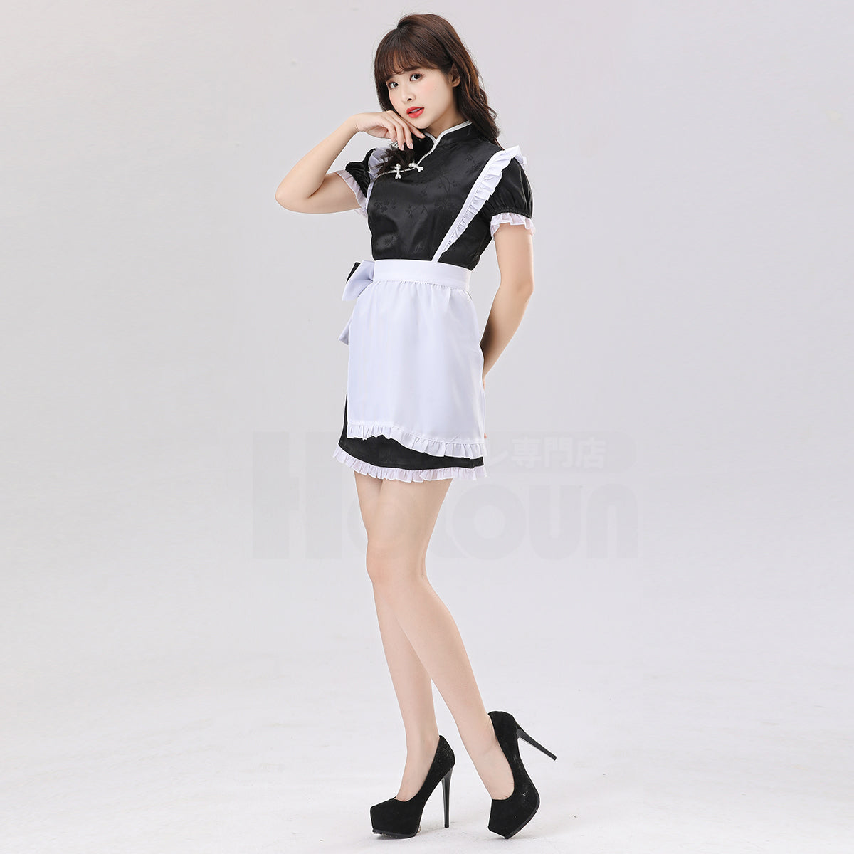 HOLOUN Lolita Maid Dress Skirt China Costume Cute Cheongsam Cafe Uniform Apron Black Color Short Sleeve Daily Wear Gift