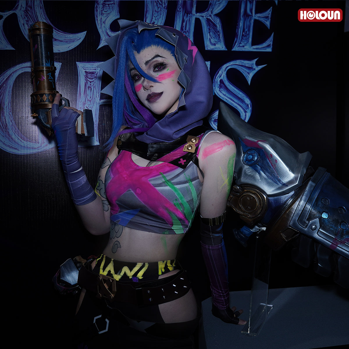 HOLOUN LOL Game Jinx Cosplay Costume Wig Scrawl Vest Pants Hat Qutfit Halloween Christmas Gift Cos Convention