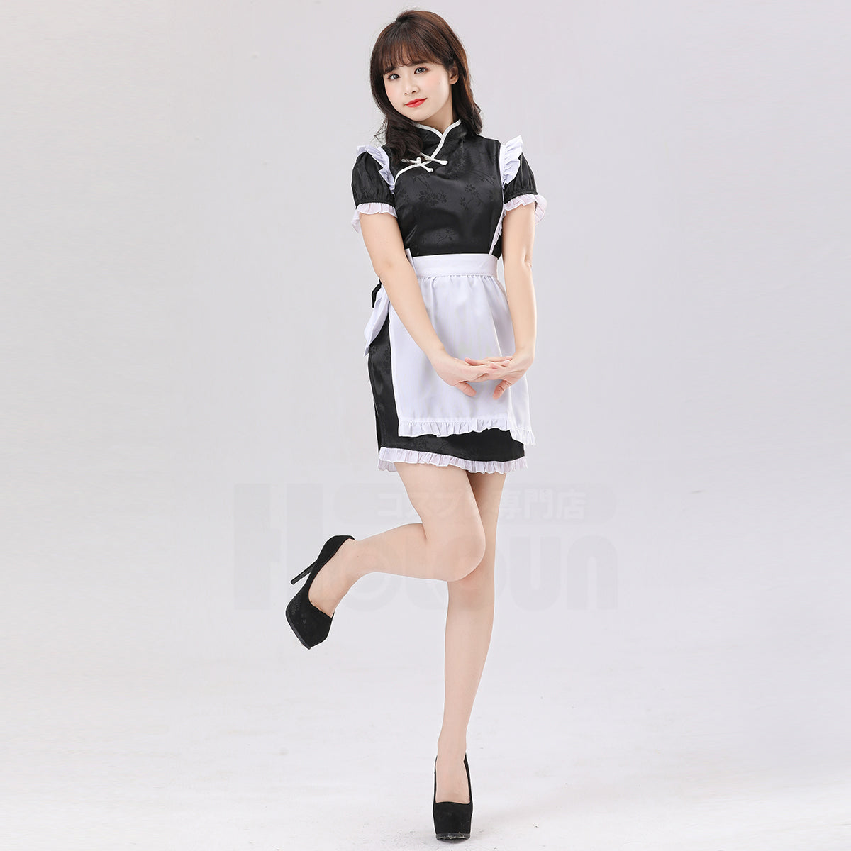 HOLOUN Lolita Maid Dress Skirt China Costume Cute Cheongsam Cafe Uniform Apron Black Color Short Sleeve Daily Wear Gift